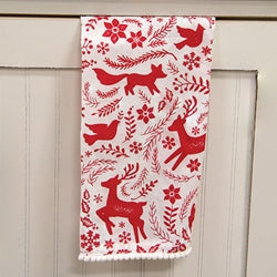 Yuletide Forest & Floral Folklore Dish Towel With White Pom Poms