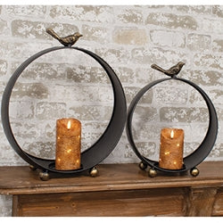 2/Set - Round Black Metal Bird Topped Pillar Lanterns