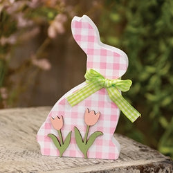 Pink & White Gingham Check Bunny w/Tulips Sitter