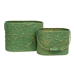 2/Set - Dragonfly Embossed Distressed Green Metal Oval Buckets