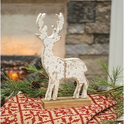 Distressed Wooden Snowy Reindeer on Base
