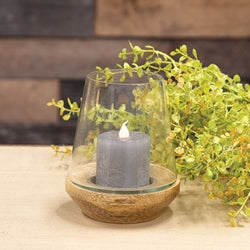 Glass Candle Holder w/Wooden Base 4" x 5"