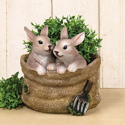 Resin Bunny Pair in Basket Planter